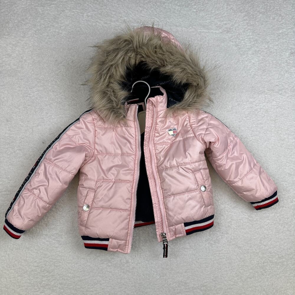 Tommy Hilfiger Puffer Jacket Pink Hooded Faux Fur Girls 24M